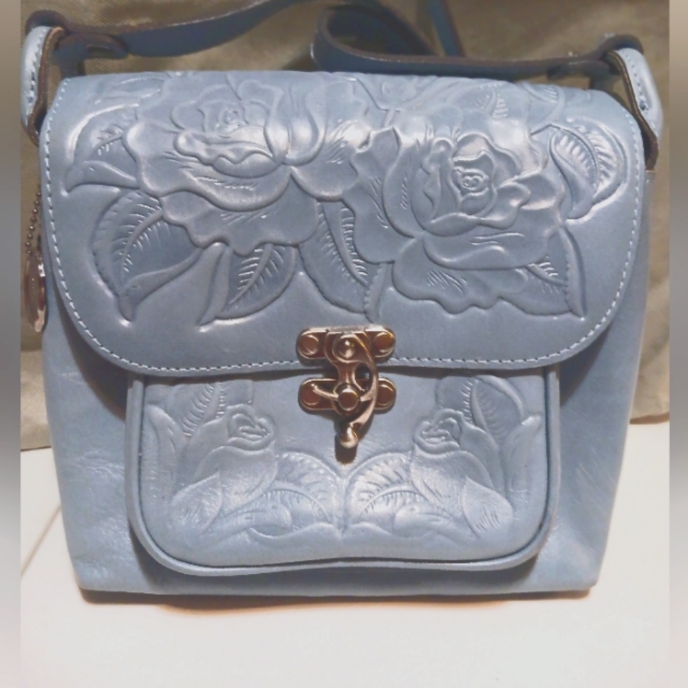 Patricia Nash Light Blue Safflower Tooled Leather Leandra Crossbody